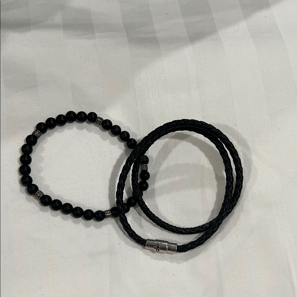 Saks 5th Ave Black Beaded Bracelet And Braided Leather Wrap